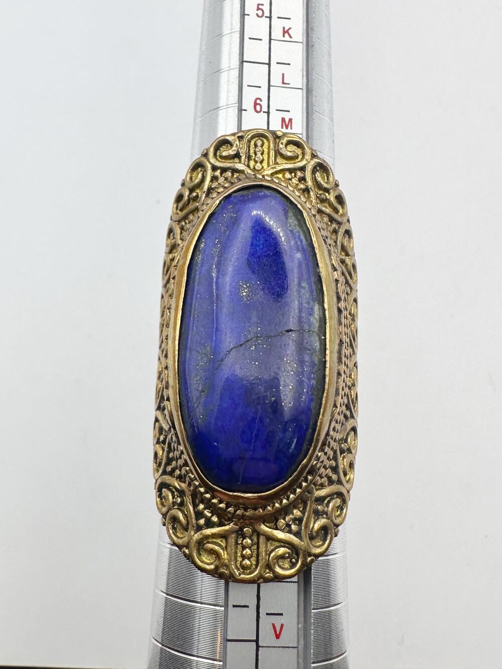 Vintage Brass Ring Lapis Lazuli Stone Oversized Boho Jewelry Adjustable Size 8.5